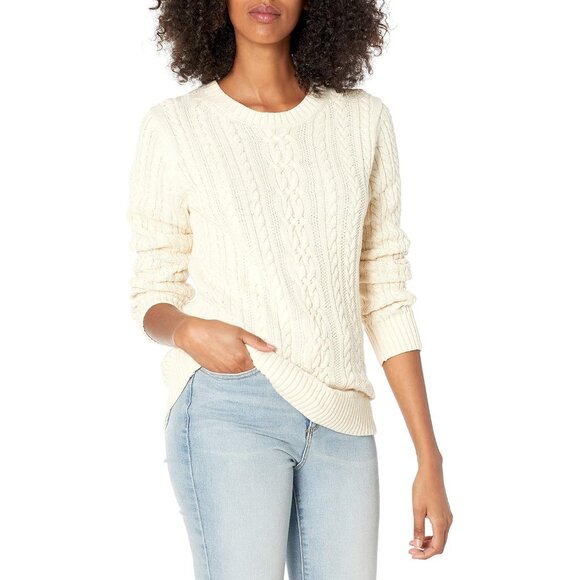 Elegant Cream Long-Sleeve Women's Cotton Cable Knit Sweater - Regular Fit